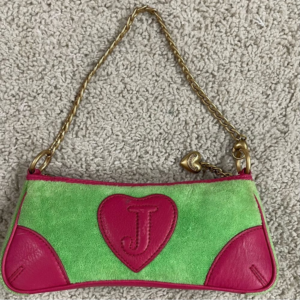 VINTAGE Y2k JUICY COUTURE Green & Pink PREPPY ROYALTY Gold CHAIN Mini BAG Purse - Picture 2 of 5